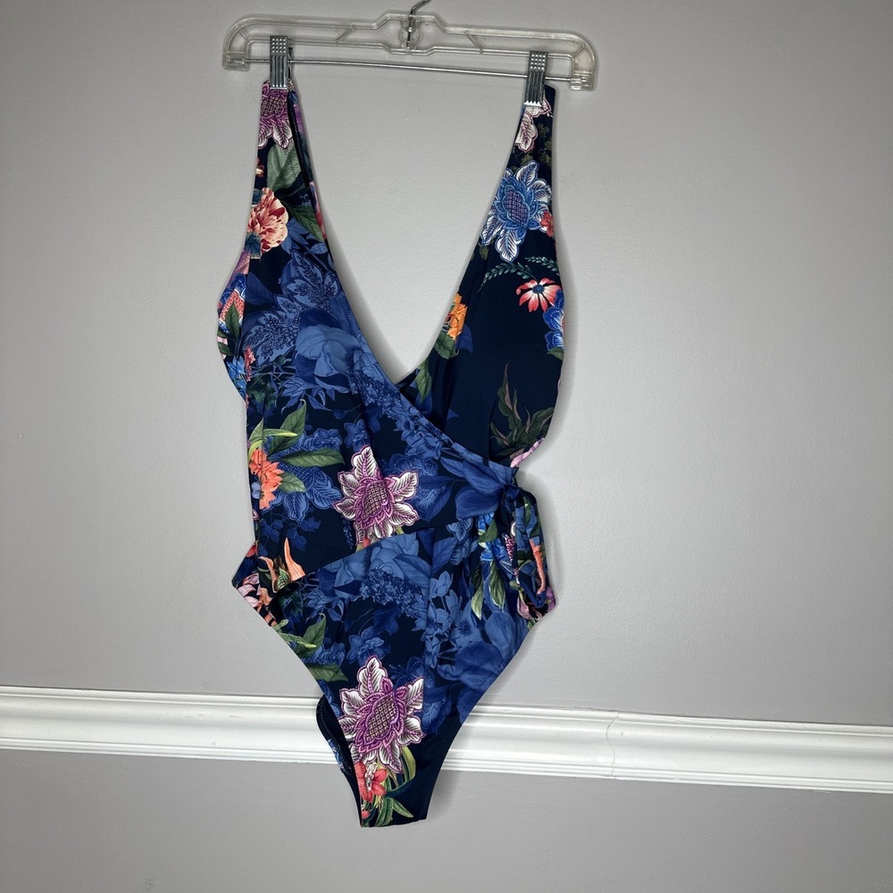 Johnny Was wrap one piece women's swimsuit size Medium Tropical Floral Navy - Picture 2 of 9